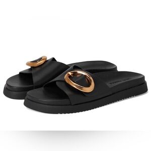 Steve Madden Mandie Leather Black Sandals with Gold Buckle NWOT